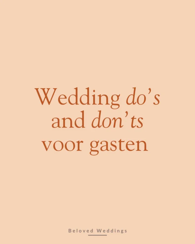 ✨ Wedding season is here! 💍
Ga je binnenkort naar een bruiloft? Hierbij een paar gouden regels. 

👗 Do: Dress to impress (maar laat wit aan de bruid).
📸 Don’t: Foto's op socials posten. Geef het bruidspaar de kans om dit eerst zelf te doen.
🥂 Do: Proost, dans, lach, herhaal.
🎤 Don’t: Begin een ongeplande speech. Laat dit aan de aangewezen personen over.

Heb jij nog meer do's en don't? Laat het me weten, dan neem ik ze mee in de volgende serie. 
 #belovedweddings #weddingseason #weddingguesttips #weddingdosanddonts